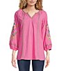 Color:Pink Multi - Image 1 - Embroidered Jewel Notch Neck Wrist Length Sleeve Tunic