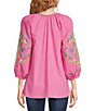 Color:Pink Multi - Image 2 - Embroidered Jewel Notch Neck Wrist Length Sleeve Tunic