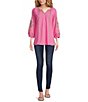 Color:Pink Multi - Image 3 - Embroidered Jewel Notch Neck Wrist Length Sleeve Tunic