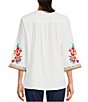 Color:White Multi - Image 2 - Embroidered Patchwork Woven V-Neck 3/4 Sleeve Tunic