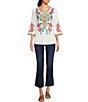 Color:White Multi - Image 3 - Embroidered Patchwork Woven V-Neck 3/4 Sleeve Tunic