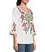 Color:White Multi - Image 4 - Embroidered Patchwork Woven V-Neck 3/4 Sleeve Tunic