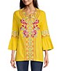 Color:Yellow Multi - Image 1 - Embroidered Split Neck Tie Detail 3/4 Sleeve Pullover Blouse