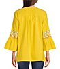Color:Yellow Multi - Image 2 - Embroidered Split Neck Tie Detail 3/4 Sleeve Pullover Blouse