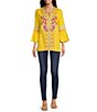 Color:Yellow Multi - Image 3 - Embroidered Split Neck Tie Detail 3/4 Sleeve Pullover Blouse
