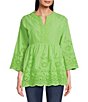 Color:Lime - Image 1 - Embroidered Split Round Neckline 3/4 Sleeve Tunic