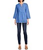 Color:Blue - Image 3 - Embroidered Split Round Neckline 3/4 Sleeve Tunic
