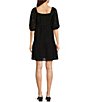 Color:Black - Image 2 - Embroidered Square Neck Elbow Sleeve Pullover Dress