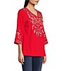 Color:Red - Image 3 - Embroidered V Neck 3/4 Sleeve Tunic Blouse