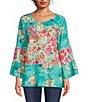 Color:Pink Multi - Image 1 - Garden Floral Print Scoop Neck 3/4 Sleeve Peasant Tunic