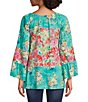 Color:Pink Multi - Image 2 - Garden Floral Print Scoop Neck 3/4 Sleeve Peasant Tunic