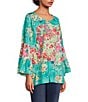 Color:Pink Multi - Image 3 - Garden Floral Print Scoop Neck 3/4 Sleeve Peasant Tunic