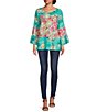 Color:Pink Multi - Image 5 - Garden Floral Print Scoop Neck 3/4 Sleeve Peasant Tunic