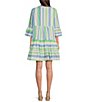Color:Lime Multi - Image 2 - Geometric Stripe Banded V-Neck 3/4 Bell Sleeve Button Front A-Line Dress