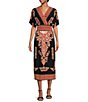 Color:Black Multi - Image 1 - Jersey Knit Border Print Surplice V-Neck Short Sleeve Smocked Waist Midi Dress