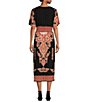 Color:Black Multi - Image 2 - Jersey Knit Border Print Surplice V-Neck Short Sleeve Smocked Waist Midi Dress