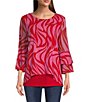 Color:Red/Pink - Image 1 - Mesh Knit Abstract Print Scoop Neck Long Sleeve Blouse