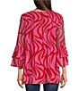Color:Red/Pink - Image 2 - Mesh Knit Abstract Print Scoop Neck Long Sleeve Blouse
