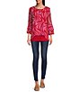 Color:Red/Pink - Image 3 - Mesh Knit Abstract Print Scoop Neck Long Sleeve Blouse