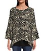 Color:Black/White - Image 1 - Mesh Knit Animal Swirl Print Scoop Neck Long Sleeve Double Layer High-Low Blouse