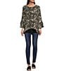 Color:Black/White - Image 3 - Mesh Knit Animal Swirl Print Scoop Neck Long Sleeve Double Layer High-Low Blouse