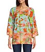 Color:Coral Multi - Image 1 - Patchwork Floral Print Scoop Neck 3/4 Sleeve Tunic