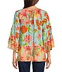 Color:Coral Multi - Image 2 - Patchwork Floral Print Scoop Neck 3/4 Sleeve Tunic