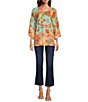 Color:Coral Multi - Image 3 - Patchwork Floral Print Scoop Neck 3/4 Sleeve Tunic