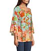 Color:Coral Multi - Image 5 - Patchwork Floral Print Scoop Neck 3/4 Sleeve Tunic