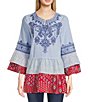 Color:Blue Multi - Image 1 - Patchwork Print Embroidered Split Round Neck 3/4 Tiered Ruffle Sleeve Tunic