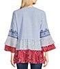 Color:Blue Multi - Image 2 - Patchwork Print Embroidered Split Round Neck 3/4 Tiered Ruffle Sleeve Tunic