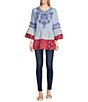 Color:Blue Multi - Image 3 - Patchwork Print Embroidered Split Round Neck 3/4 Tiered Ruffle Sleeve Tunic