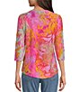 Color:Pink Multi - Image 2 - Petite Size Jacquard Knit Burnout Tie-Dye Abstract Paisley Print Crew Neck 3/4 Sleeve Shirttail Hem Tunic