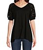 Color:Black - Image 1 - Petite Size Knit Eyelet Embroidered V-Neck Elbow Sleeve Pullover Blouse
