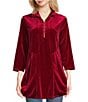 Color:Crimson - Image 1 - Petite Size Solid Velvet Knit Zip Wire Collar 3/4 Sleeve Front Pocket Tunic