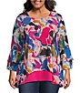 Color:Pink Multi - Image 1 - Plus Size Abstract Brushstroke Print Mesh Knit Scoop Neck 3/4 Ruffle Sleeve Hi-Low Overlay Tunic
