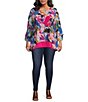 Color:Pink Multi - Image 3 - Plus Size Abstract Brushstroke Print Mesh Knit Scoop Neck 3/4 Ruffle Sleeve Hi-Low Overlay Tunic