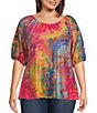 Color:Lime Multi - Image 1 - Plus Size Abstract Tie Dye Burnout Knit Scoop Neck Puff Elbow Sleeve Tunic