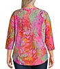 Color:Pink Multi - Image 2 - Plus Size Burnout Tie Dyed Print Crew Neck 3/4 Sleeve Blouse