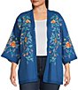 Color:Blue Multi - Image 1 - Plus Size Embroidered Lace Trim Detail Long Sleeve Open-Front Kimono Cardigan
