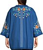 Color:Blue Multi - Image 2 - Plus Size Embroidered Lace Trim Detail Long Sleeve Open-Front Kimono Cardigan