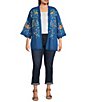 Color:Blue Multi - Image 3 - Plus Size Embroidered Lace Trim Detail Long Sleeve Open-Front Kimono Cardigan