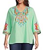 Color:Green Multi - Image 1 - Plus Size Embroidered Patchwork V-Neck 3/4 Sleeve Tunic