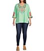 Color:Green Multi - Image 3 - Plus Size Embroidered Patchwork V-Neck 3/4 Sleeve Tunic