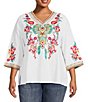 Color:White Multi - Image 1 - Plus Size Embroidered Patchwork Woven V-Neck 3/4 Sleeve Tunic