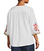 Color:White Multi - Image 3 - Plus Size Embroidered Patchwork Woven V-Neck 3/4 Sleeve Tunic