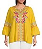 Color:Yellow/Multi - Image 1 - Plus Size Embroidered Split Neck Tie Detail 3/4 Sleeve Pullover Blouse
