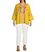 Color:Yellow/Multi - Image 3 - Plus Size Embroidered Split Neck Tie Detail 3/4 Sleeve Pullover Blouse