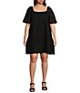 Color:Black - Image 1 - Plus Size Embroidered Square Neck Elbow Sleeve Pullover Dress