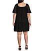 Color:Black - Image 2 - Plus Size Embroidered Square Neck Elbow Sleeve Pullover Dress
